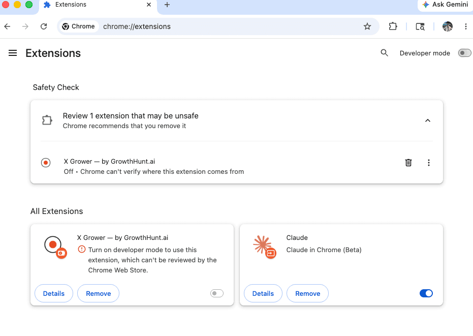 chrome://extensions page