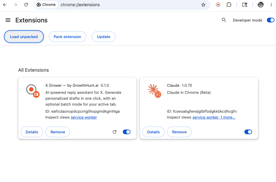 Developer mode toggle on